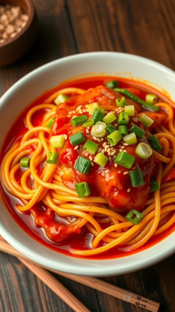 A bowl of spicy noodles garnished with green onions and sesame seeds on a wooden table.